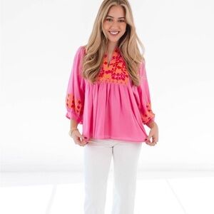 $162 J.Marie Hot Pink Embroidered Baby Doll Tunic Top women’s size medium